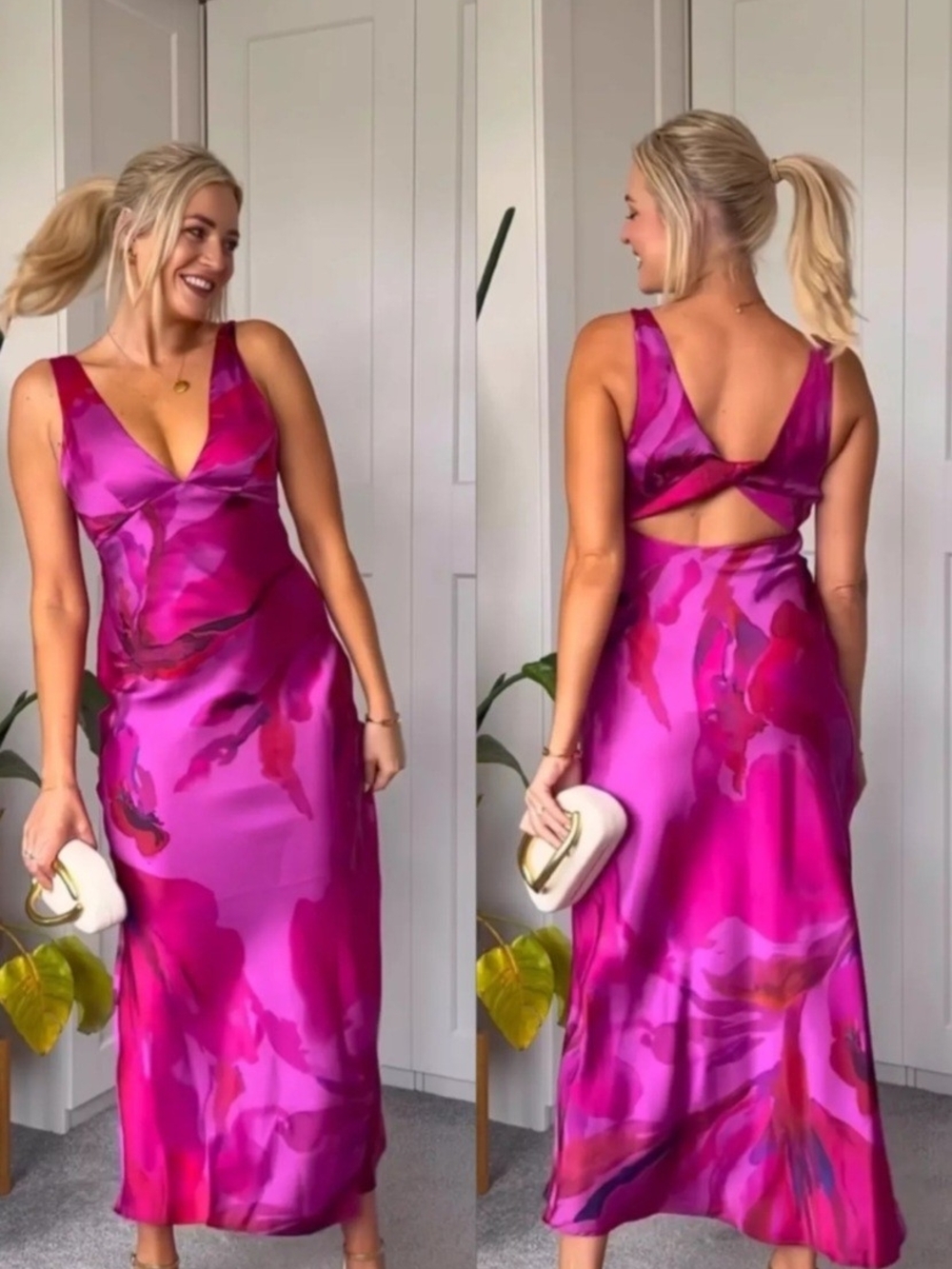 Zara eleganr Satin V-Neck Cutout Midi Dress in Fuchsia Print